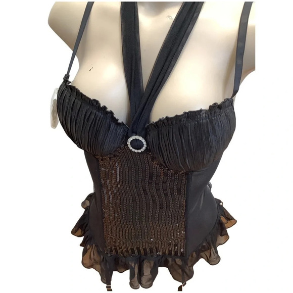 Rosset Mesh & Sequence Underwire Padded Bustier Lingerie W/Straps & Thong New - Picture 2 of 9